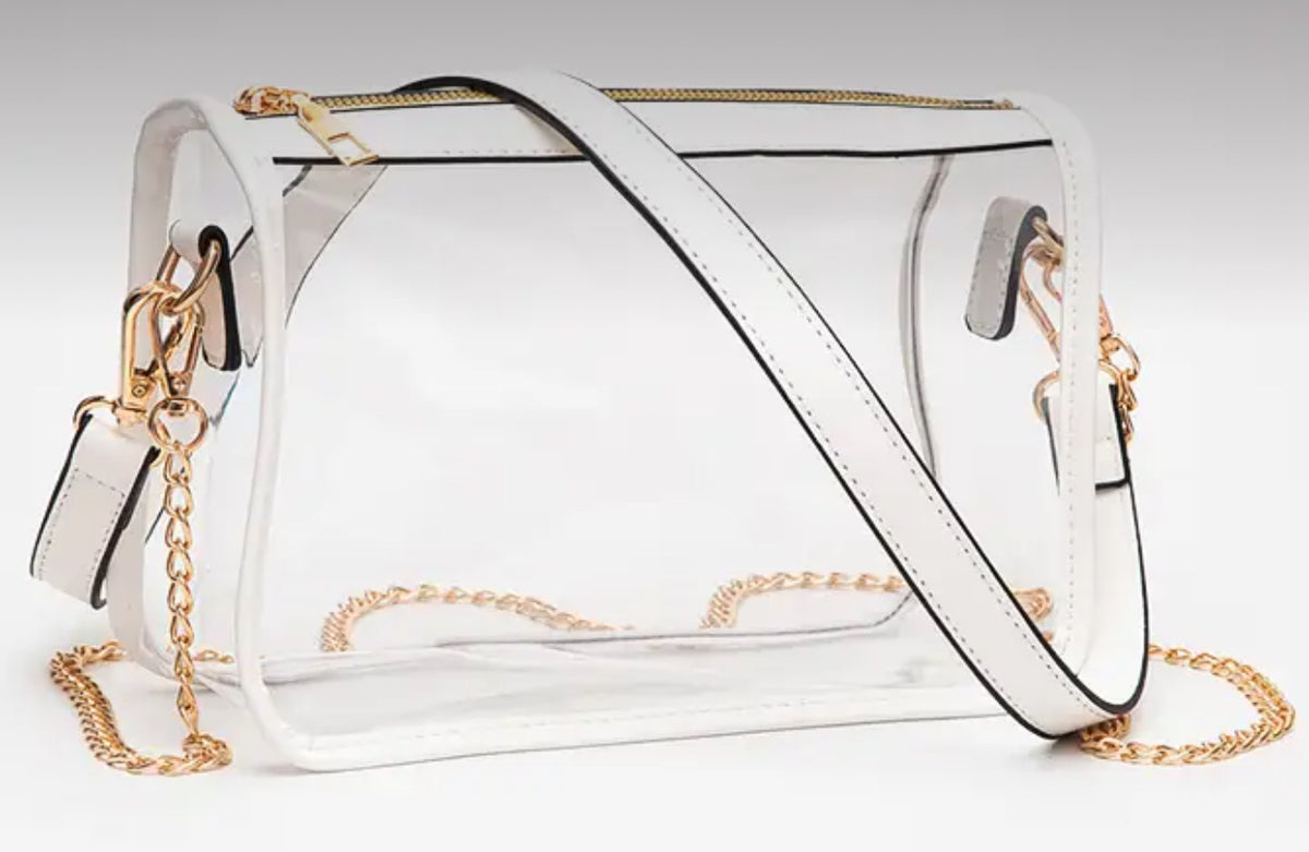 Showing white ref table clear bag with gold chain or single white strap option 