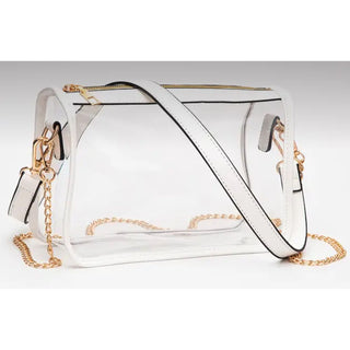 Showing white ref table clear bag with gold chain or single white strap option 