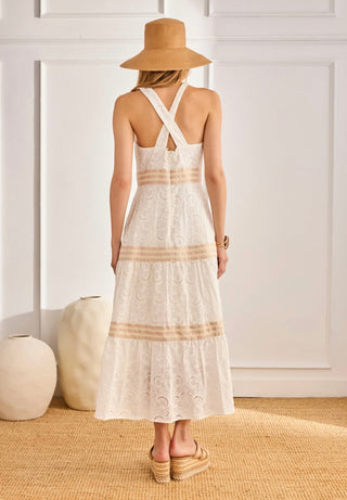 NKNane White Paisley Embroidered Cotton Lace Maxi Dress