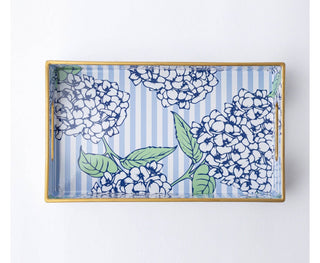 Hydrangea Stem Blue & White Decorative Vanity Tray with Gold Handles