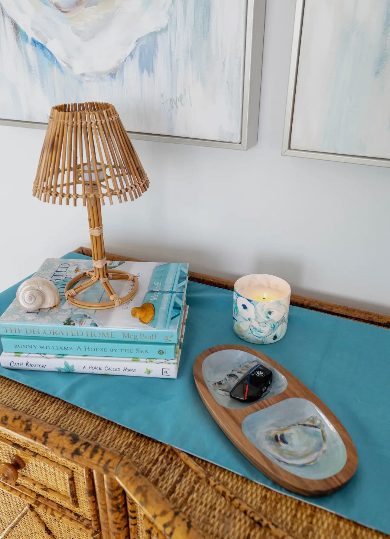 Tray shown on end table with keys 
