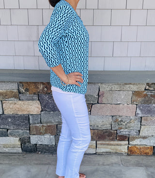 Lulu B Navy Cocktail Print V-Neck Top – UPF 50+ Sun Protection Travel Blouse