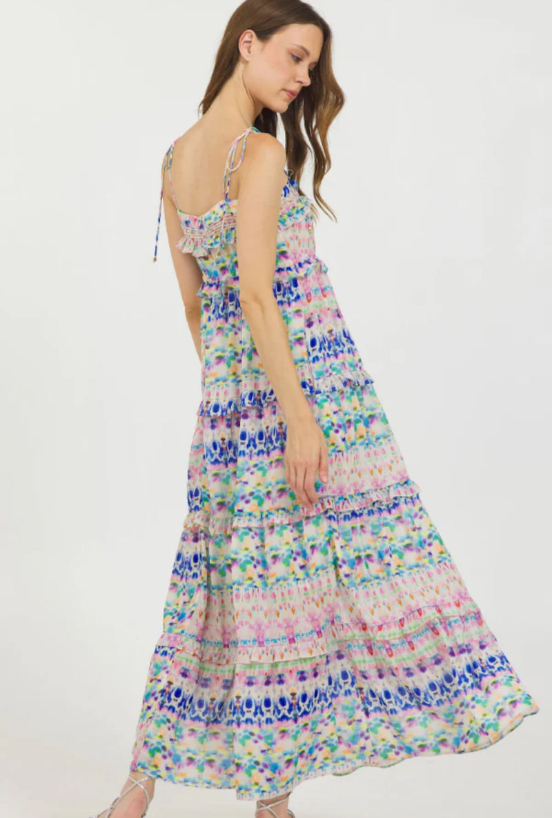 STELLAH WATERCOLOR TIE SHOULDER TIERED DRESS