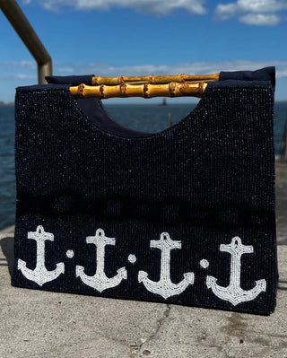 Navy Hand-Beaded Anchor Border Handbag – Coastal Chic Statement Purse