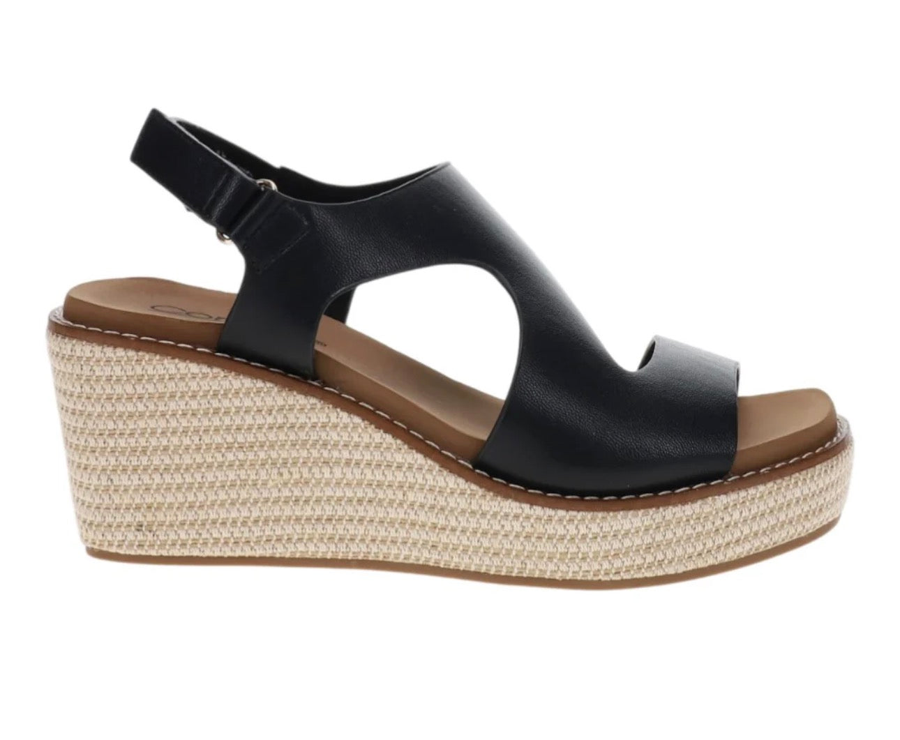 Corky’s Steppin Out Black Faux-Leather Wedge Sandals