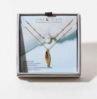 Golden Catch: Sardine & Keshi Pearl 14KT Gold Layered Necklace Set
