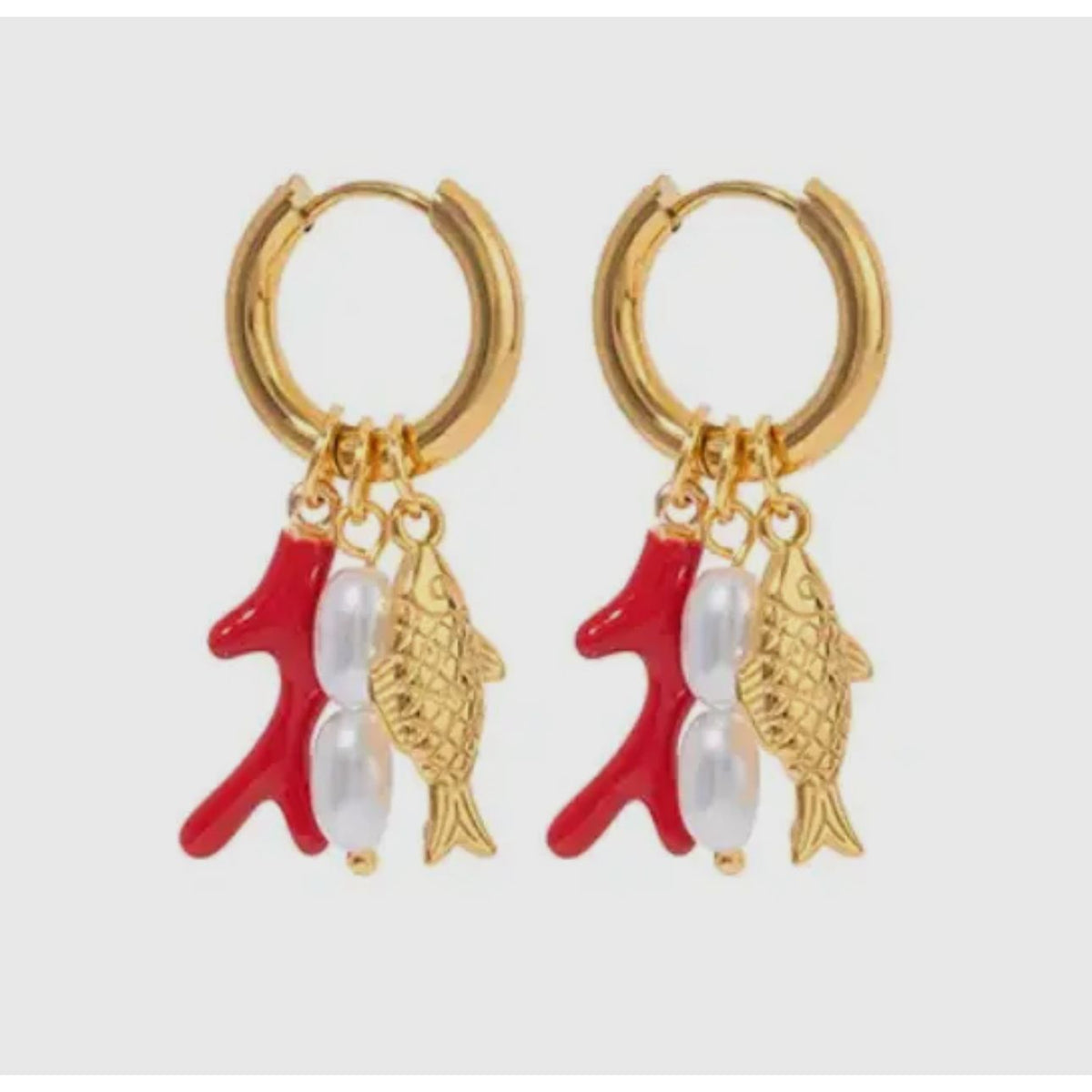 Gold plated hoop water proof fish shaped earrings with orange coral and pearls. Each charm can be worn together as shown or separately on the hoop 
