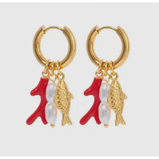 Gold plated hoop water proof fish shaped earrings with orange coral and pearls. Each charm can be worn together as shown or separately on the hoop 