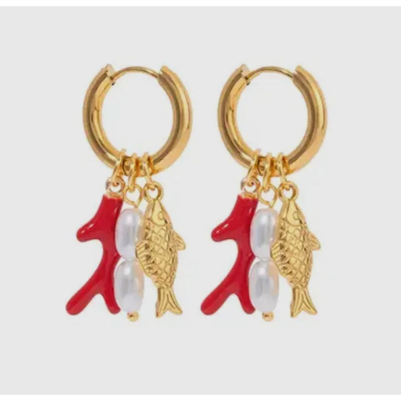 Gold plated hoop water proof fish shaped earrings with orange coral and pearls. Each charm can be worn together as shown or separately on the hoop 