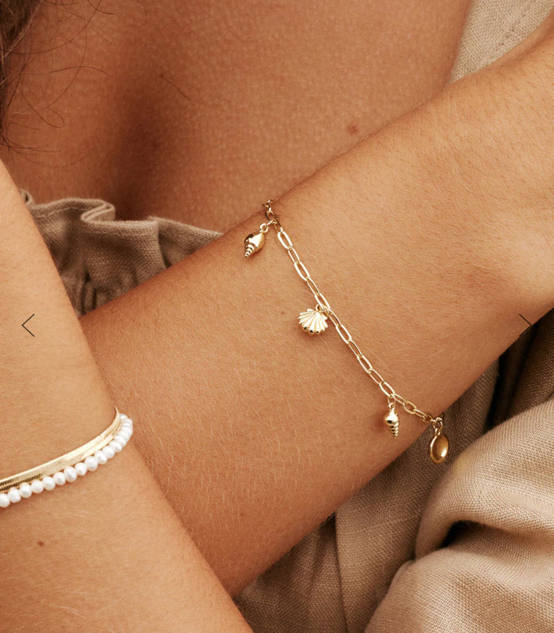 Silver shell charm bracelet shown on wrist 