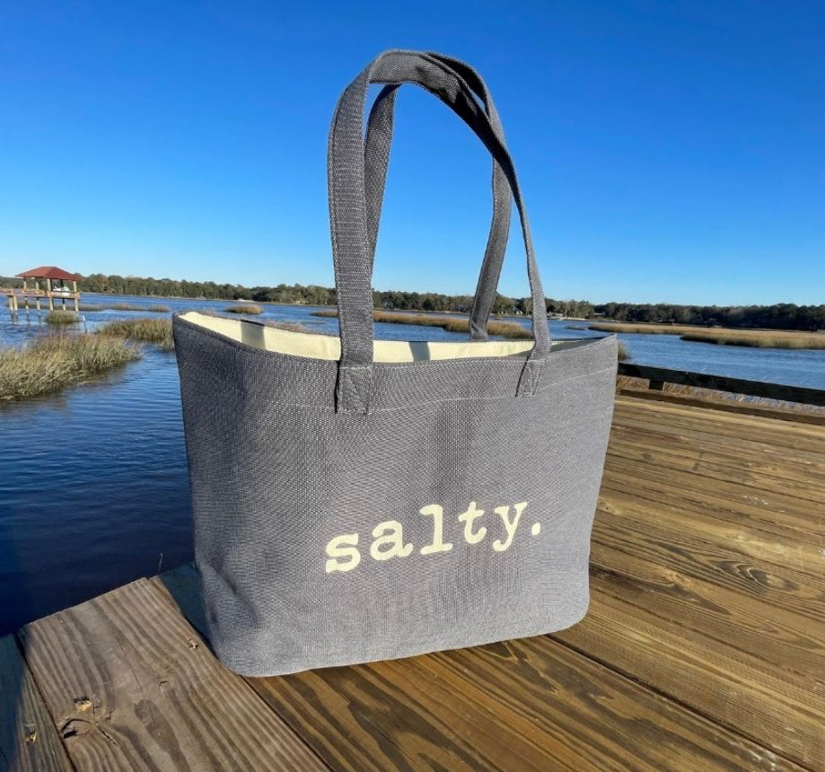 This top selling bag is perfect for days on the beach, boat or running errands.  

Durable cotton canvas bag imprinted with the words, "SALTY". Thick & cushioned 12" Shoulder length handles
Dusty blue shown 