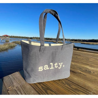 This top selling bag is perfect for days on the beach, boat or running errands.  

Durable cotton canvas bag imprinted with the words, "SALTY". Thick & cushioned 12" Shoulder length handles
Dusty blue shown 