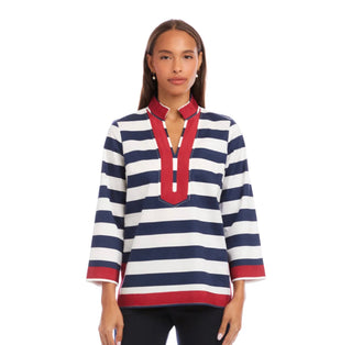 St. Tropez Nautical Striped Tunic – Premium Stretch Twill Mandarin Top