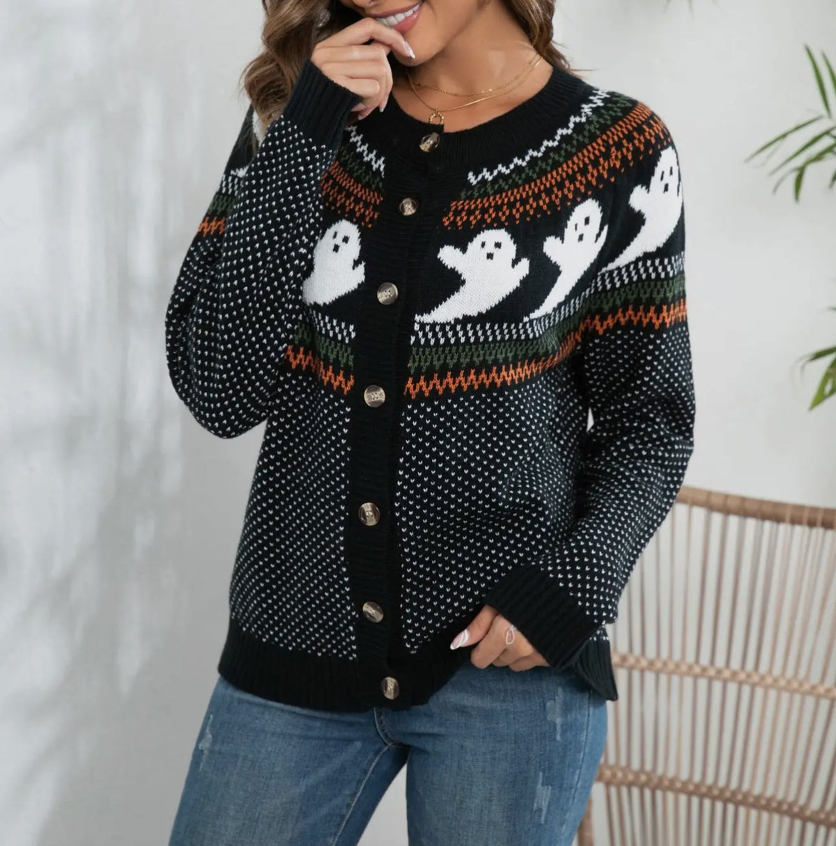 Showing the cardigan buttoned 
