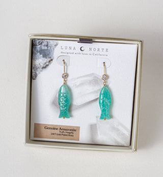 Ibiza Hand-Carved Emerald Or Aquamarine  Or Amazonite Fish Earrings in 14KT Gold