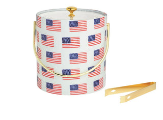 Patriotic American Flag Insulated Ice Bucket & Stainless Steel Tongs Set