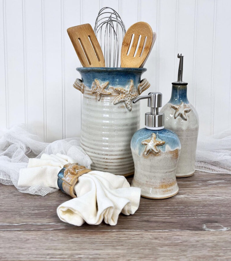 Crock down with utensils and soap pump and oil dispenser 