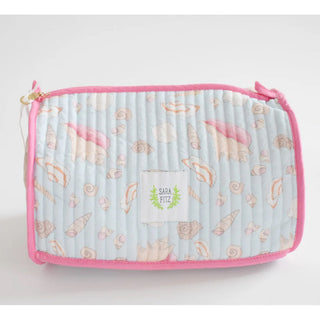 Showing pink shells on a light blue background 
