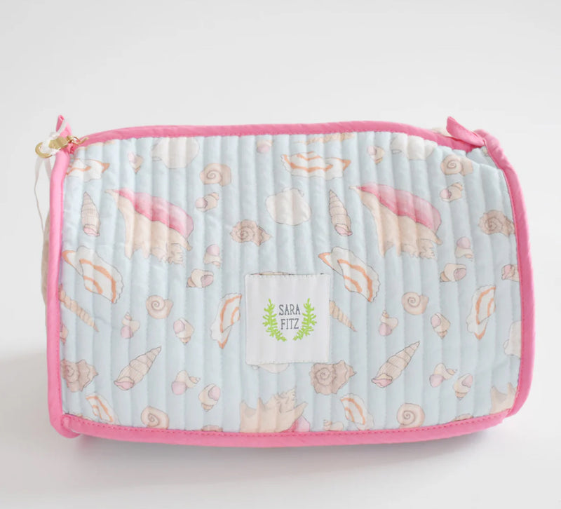 Showing pink shells on a light blue background 