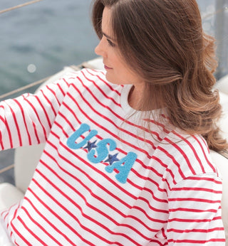 USA Varsity Striped Relaxed Sweatshirt | Patriotic Chenille Patch Pullover
