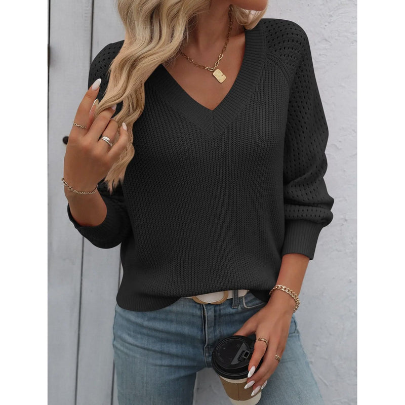 Hollow V Neck Black Sweater