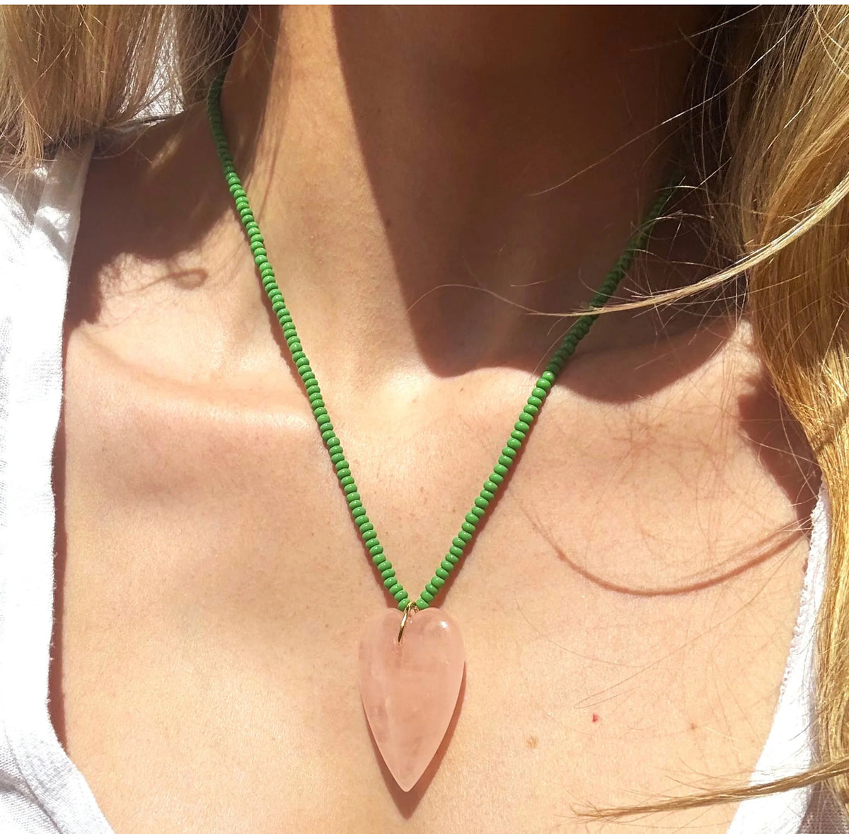 Green beads pink heart necklace. 18”