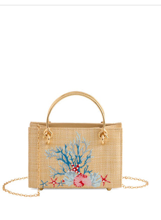 Leila Coral Embroidered Mini Bag - Beachy Crossbody with Gold Handles
