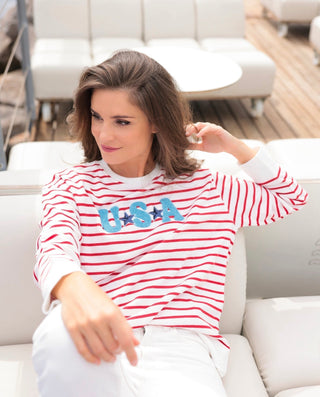 USA Varsity Striped Relaxed Sweatshirt | Patriotic Chenille Patch Pullover