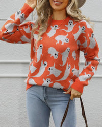This cute Halloween ghost sweater, made of of recycled materials, will make you look as good as you feel. 

Orange sweater with white ghosts flying all over. 