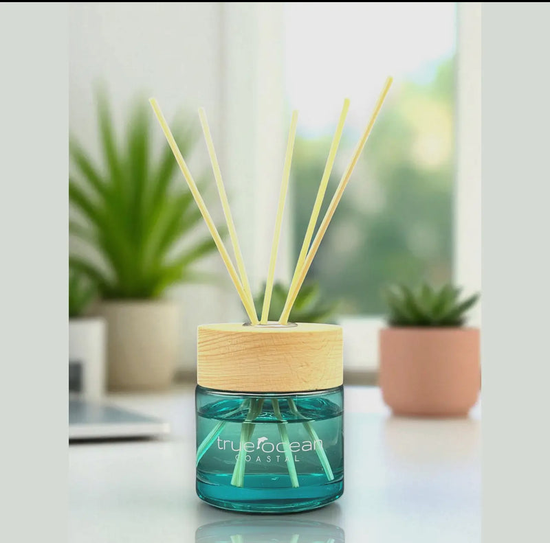 Bring the feeling of the coast into your home with our reed diffuser. Infused with our signature essential oil-based fragrance, Coastal, this diffuser fills your space with the fresh, sunlit aroma of bergamot, palm leaf, and mandarin — a carefree blend of sand, surf, and ocean breeze.

Housed in a sleek turquoise, transparent jar with a natural wooden cap and crisp white reeds, it’s as beautiful as it is refreshing. Packaged in a premium gift box with embossed silver details, it’s perfect for your home, or 