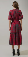 Fall vibes. The Chapman Plaid Wynette Tiered Midi Dress has a pretty red multi design. Billowing puff sleeves join a classic style mid length dress with a functional button front. A waist tie adds shape, framing conventional side seam pockets. Pair the look with boots.

- Split neck
- Button front
- Tie belt
- Tiered
- Color: Red Multi

Size + Fit
- Model is 5'9" and wearing size XS
- Measurements taken from size S
- Chest: 19 3/4"
- Length: 49"