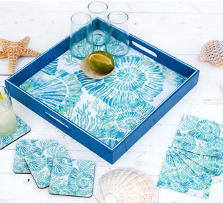 Nautilus Shell Coastal Lacquer Serving Tray – 15" Blue Nautical Art Tray