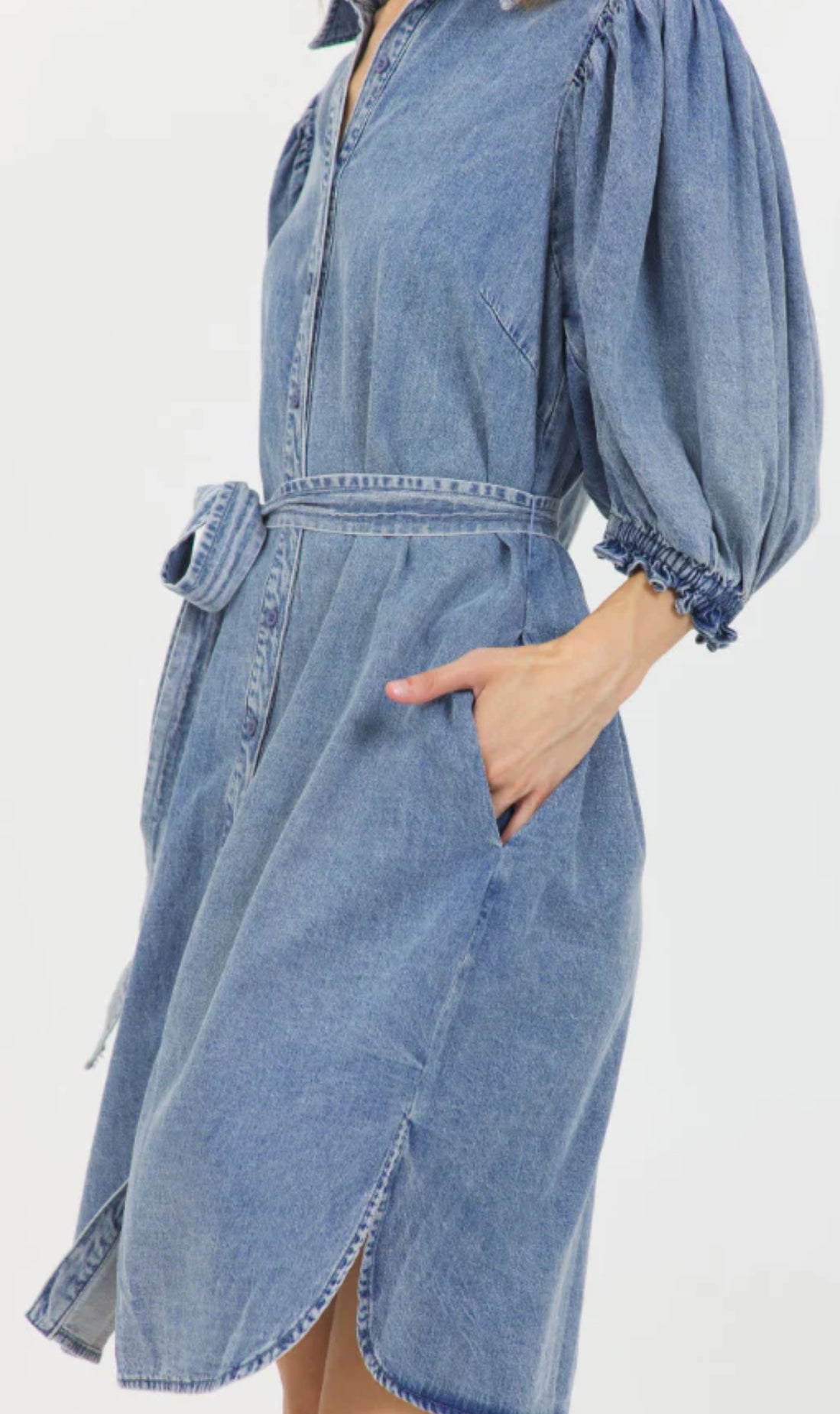 STELLAH DENIM PUFF SLEEVE BUTTON DOWN SHIRT DRESS