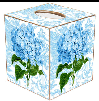 Handmade Blue Hydrangea Decoupage Tissue Box Cover - Gold or Silver Trim