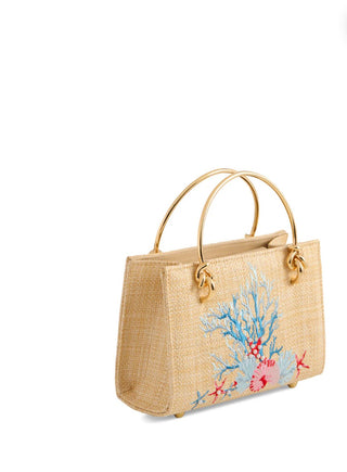 Leila Coral Embroidered Mini Bag - Beachy Crossbody with Gold Handles