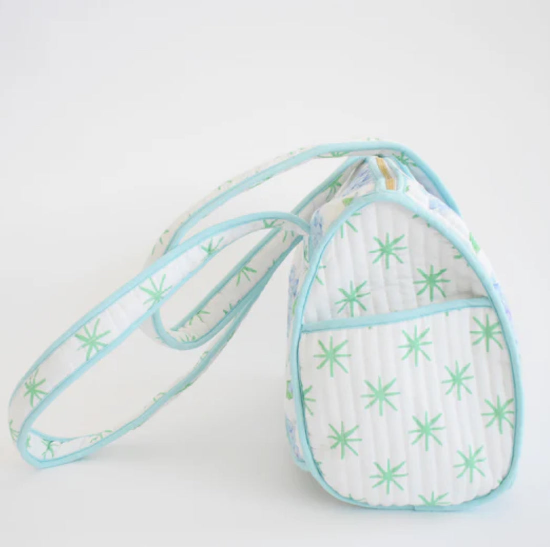 Showing aids of bag with a star pattern different from front hydrangea 