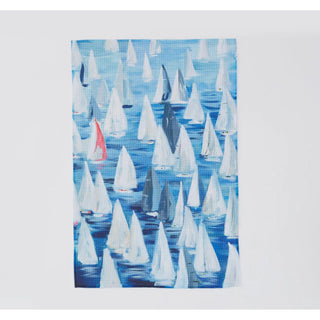 Race day sailboat towel shown in blue and white hues. 

80% durable woven polyester/ 20% polyamide blend microfiber

Dimensions: 16" x 24"

Print front and white back
