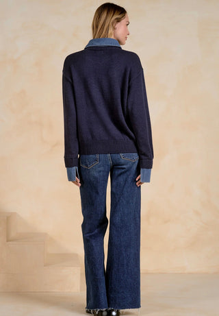 Elan Denim Collared 2-in-1 Layered Knit Sweater