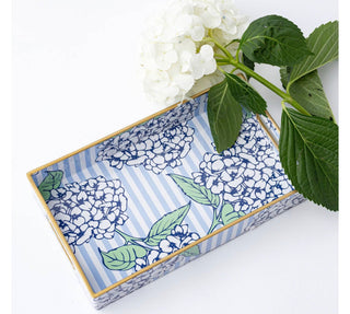 Hydrangea Stem Blue & White Decorative Vanity Tray with Gold Handles