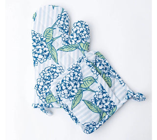 Elegant Blue Hydrangea Stem 100% Cotton Oven Mitt & Potholder Set Or Kitchen Towel