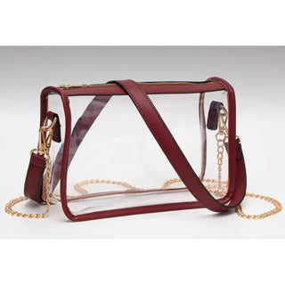 Showing brown clear red table bag with brown strap or gold chain as an option 