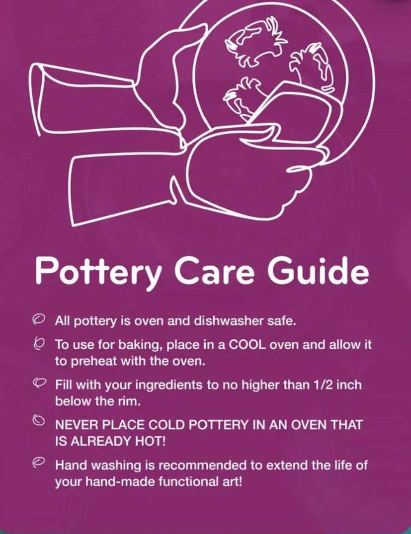 
• Handmade with Care: Each piece of pottery is crafted with love, there may be slight variations in sizes and glazes making them truly one-of-a-kind. We do our best to create a consistent product, and ensure that every item is of highest quality