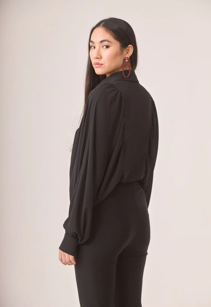 Flowy Blouse with Batwing Sleeves - Black
