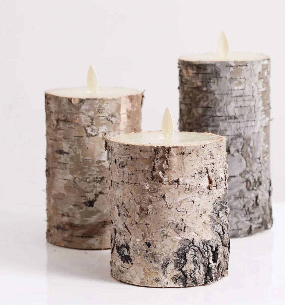 Moving Flameless LED Brown Faux Birch Pillar Candles with Remote - Set of 3