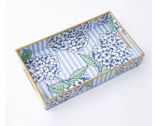 Hydrangea Stem Blue & White Decorative Vanity Tray with Gold Handles