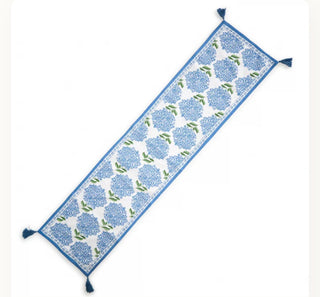 Elegant Hydrangea Cotton Table Runner with Corner Tassels