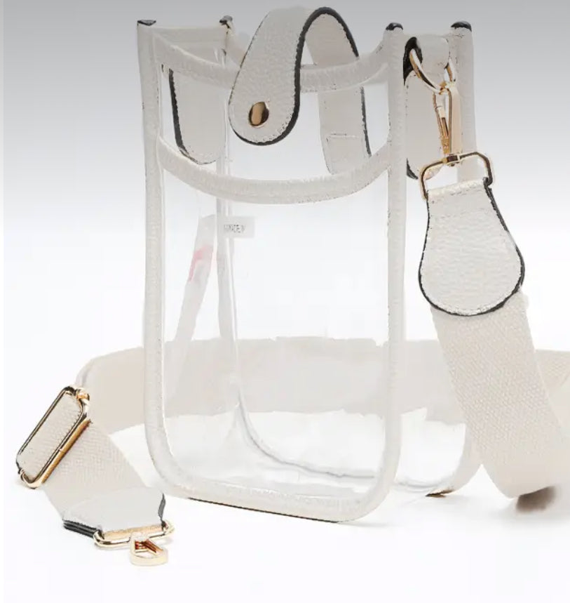 Be game day and concert ready. 
Showing white small bag 


Our clear  bags are perfect for headed to your favorite sporting event, college game, concert or music festival.

 

 Stadium Concert Crossbody Bag

9.5" x 3" x 6" rectangle 

6.75" x 8.25" x 2.75" mini

 

 

 

 

 

 