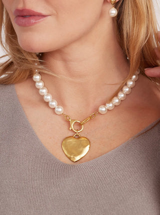 Rachel Gold Hammered Heart & Pearl Statement Necklace