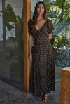 Our v-neck short sleeve polka dot dress is a the perfect feminine fall dress. 
Dark brown with white polka dots 

Fully lined

rayon/ polyester blend 