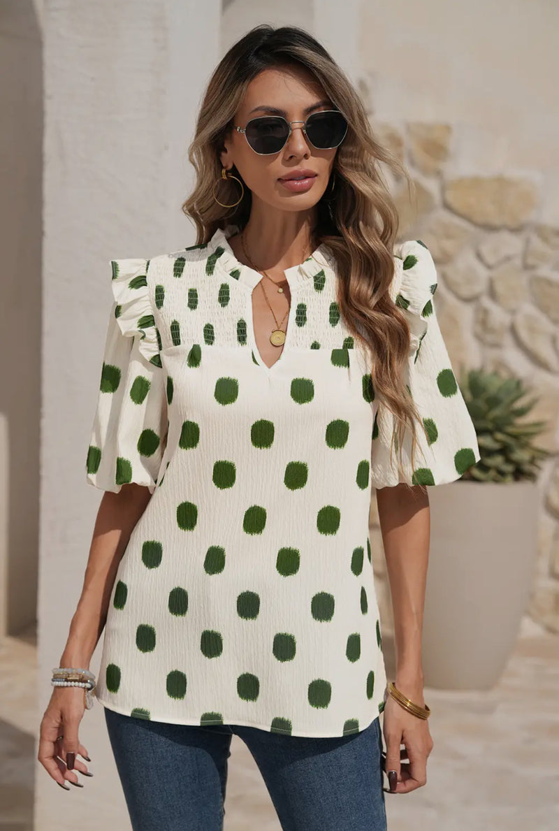 Polka Dot Ruffled Notched Neck Shirt